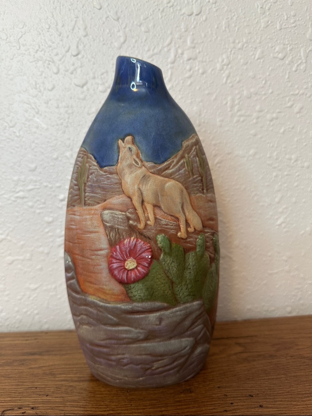 Desert Wolf Ceramic Vase - Blue and Earth Tones Signed by Artist
